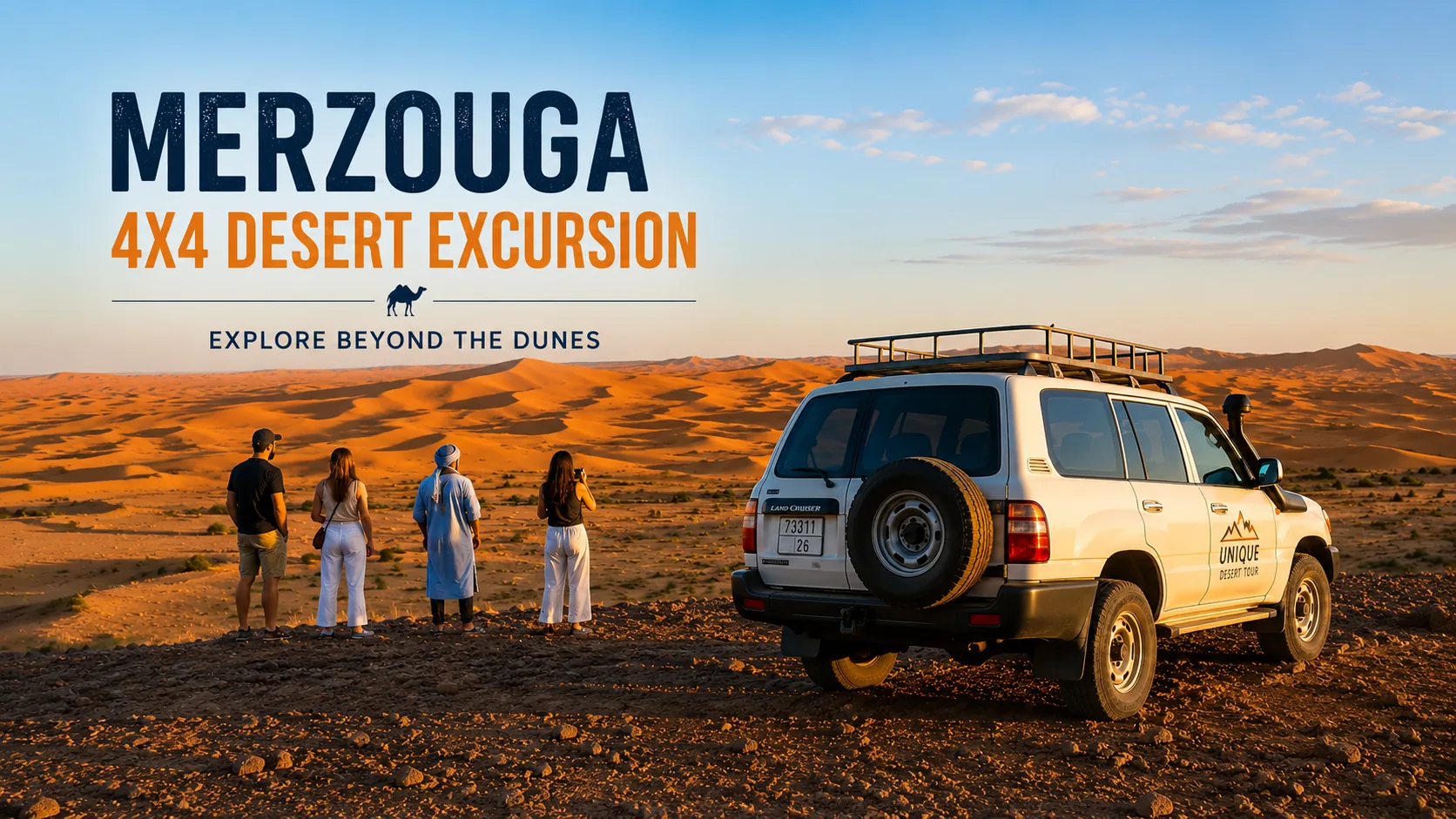 Vehículo 4x4 con vistas a las dunas de Erg Chebbi durante una excursión por el desierto de Merzouga.