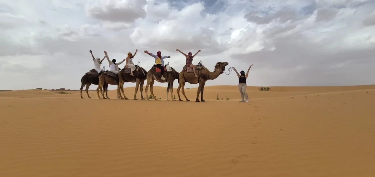 Camel trek in the Sahara Desert during a 2 days tour from Marrakech to Merzouga.