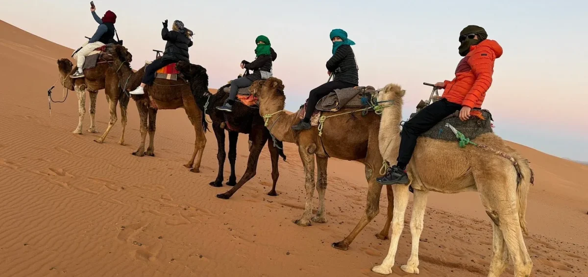 Camel trek in the Erg Chebbi dunes during the 3 days desert tour from Marrakech to Fes
