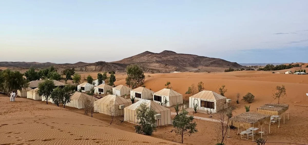 Merzouga desert camp near Erg Chebbi dunes on a 4 days Marrakech to Merzouga desert tour