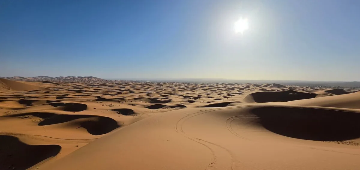Panoramic view of the Erg Chebbi dunes near Merzouga during a Sahara Desert tour from Marrakech