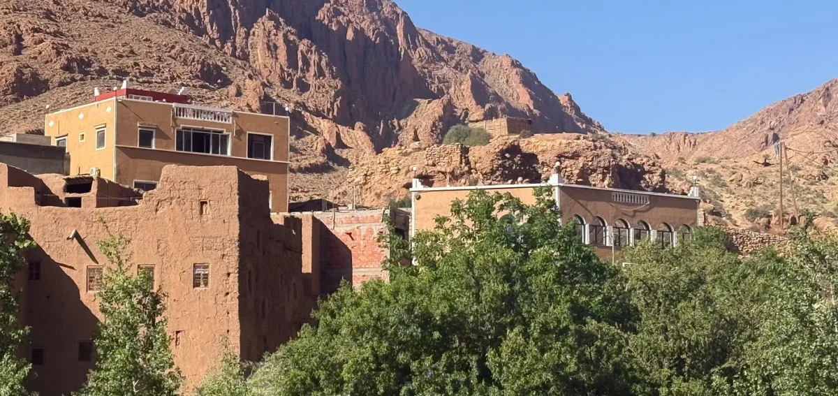 Traditional village houses and palm trees below the rocky cliffs of Todra Gorge in Morocco.