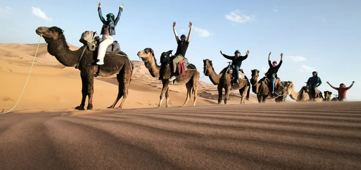 Camel ride in Erg Chebbi dunes during the 7 days desert tour from Marrakech to Fes via Merzouga