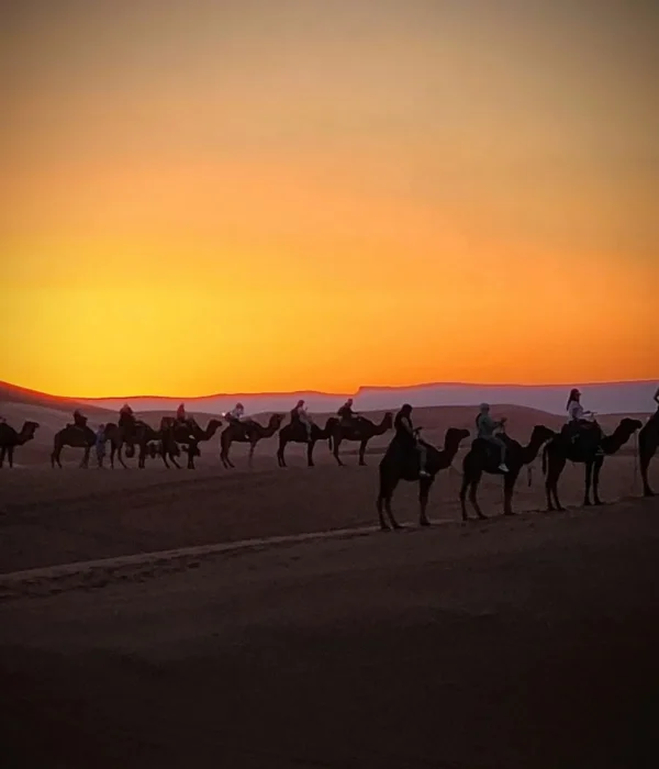 Paseo en camello en las dunas de Erg Chebbi al atardecer durante el tour de 5 días por el desierto de Marrakech a Fez vía Merzouga