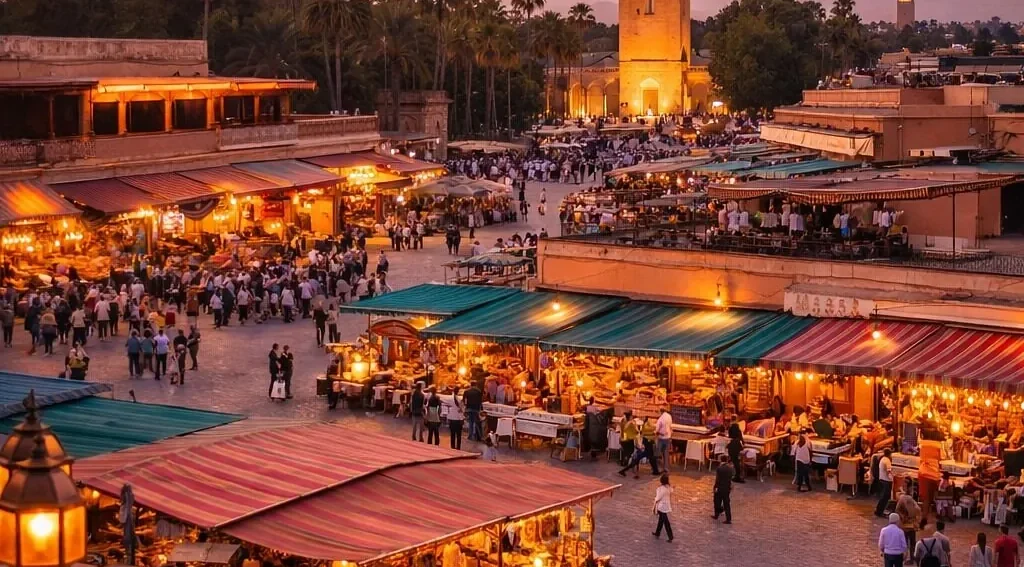Jemaa el-Fna square and Koutoubia Mosque in Marrakech during the 6 days desert tour from Marrakech to Fes via Merzouga