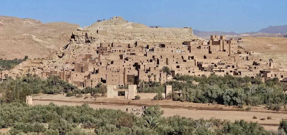 Panoramic view of Ait Ben Haddou ksar and its palm oasis near Ouarzazate