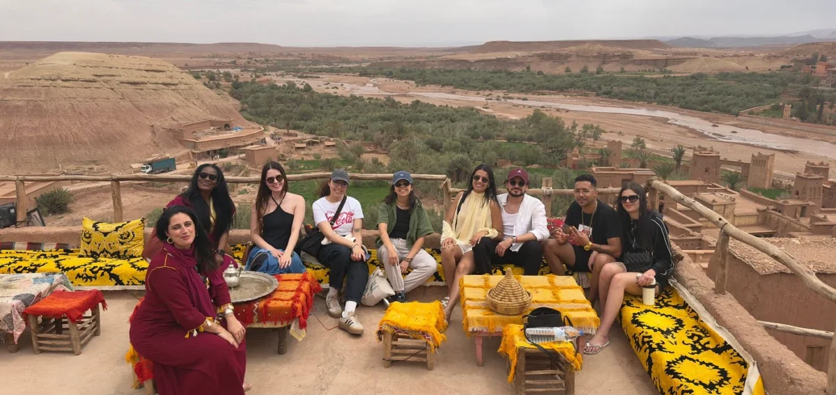 Travelers at Ait Ben Haddou viewpoint during a Morocco tour from Casablanca to Marrakech