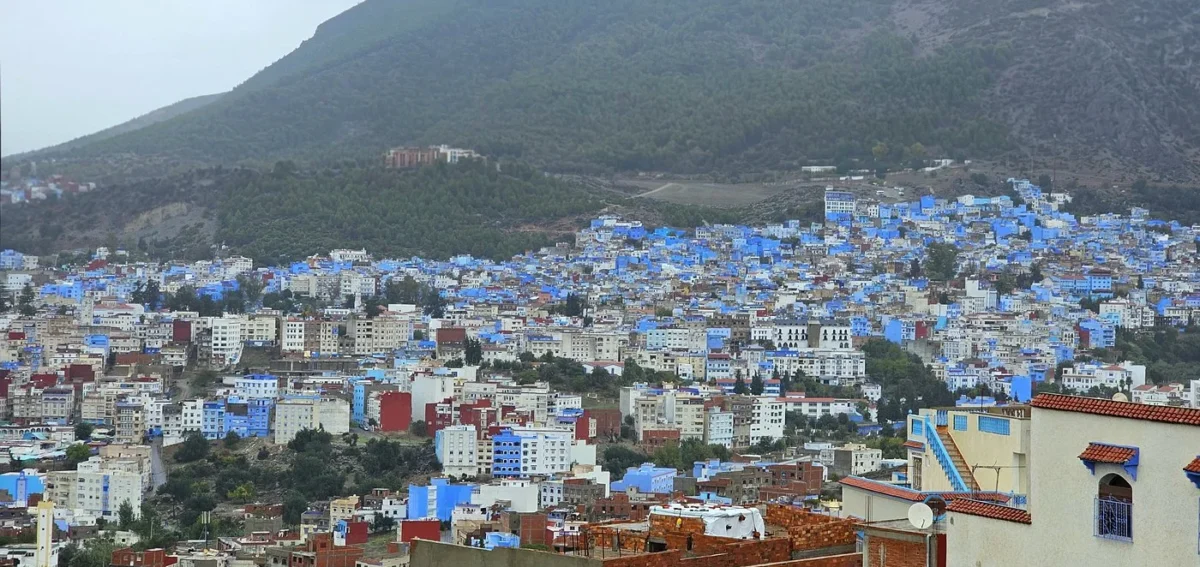 Panoramic view of the blue-painted buildings of Chefchaouen in northern Morocco