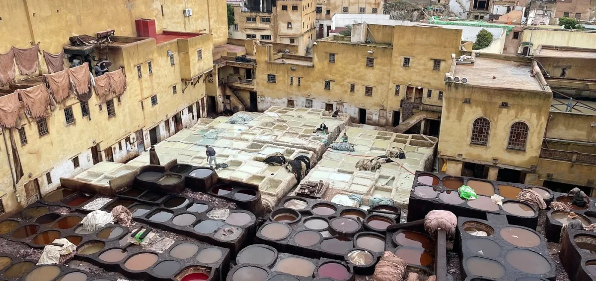 Traditional leather dyeing vats at Chouara Tannery in the Fes medina