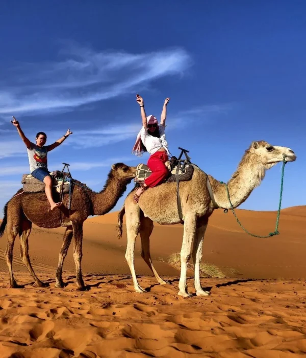 Camel ride in the Erg Chebbi dunes during a 7-day Morocco tour from Casablanca to Marrakech