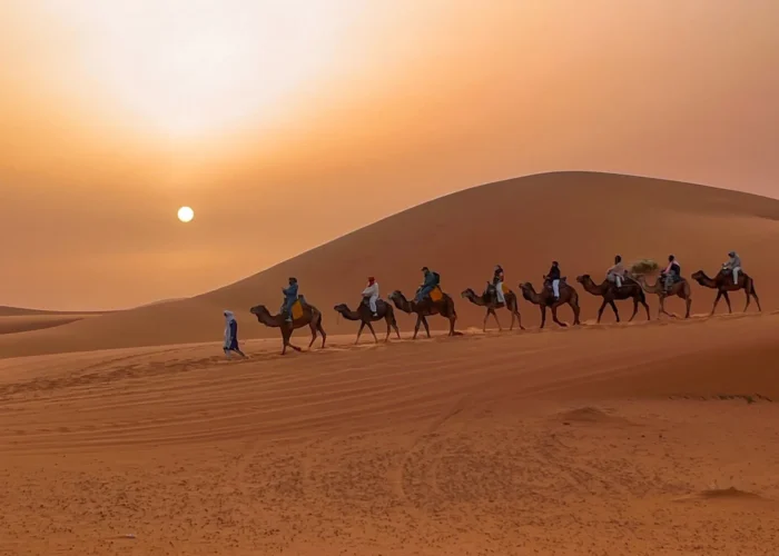 Camel caravan crossing the Erg Chebbi dunes at sunset during a 12-day Morocco tour from Casablanca