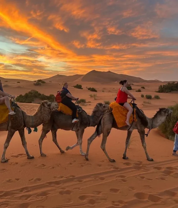 Viajeros montando en camello por el desierto de Merzouga durante un colorido atardecer
