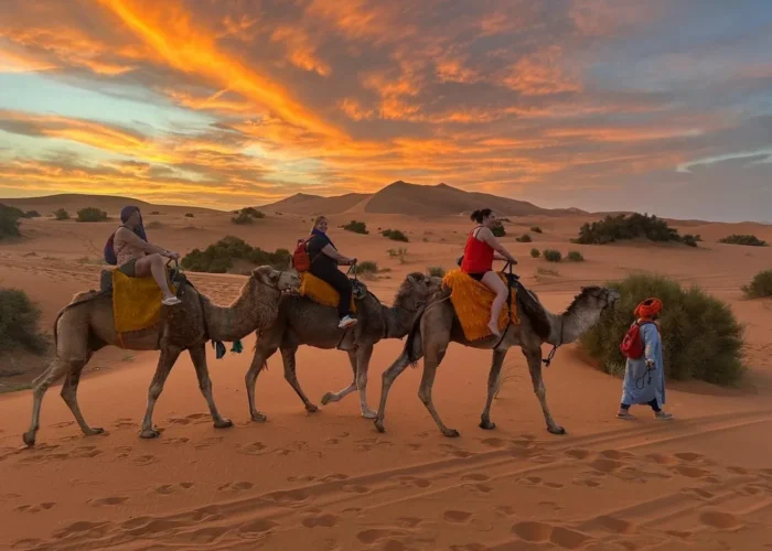 Viaggiatori che cavalcano cammelli attraverso il deserto di Merzouga durante un tramonto colorato