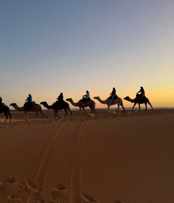 Travesía en camello al atardecer por las dunas de Erg Chebbi durante un tour por el desierto de 3 días desde Fez