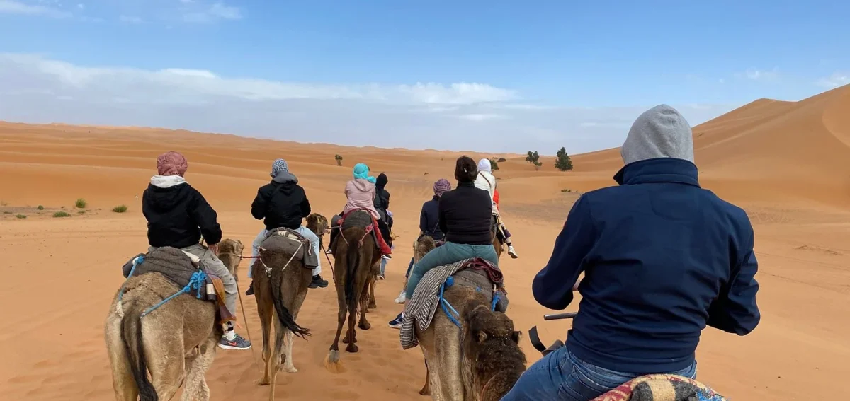 Travelers riding camels across the Erg Chebbi dunes during a desert tour in Merzouga, Morocco.