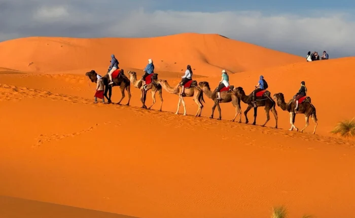 Esperienza di trekking a dorso di cammello tra le dune dell'Erg Chebbi nel deserto del Sahara di Merzouga, Marocco