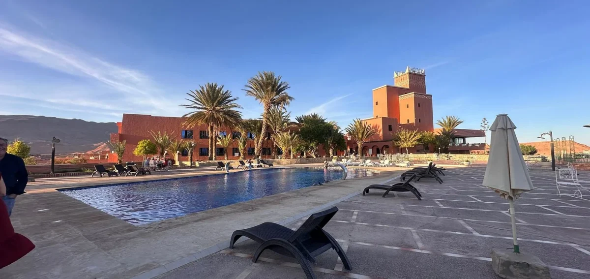 Swimming pool hotel during the 3 days desert tour from Ouarzazate to Marrakech in Morocco