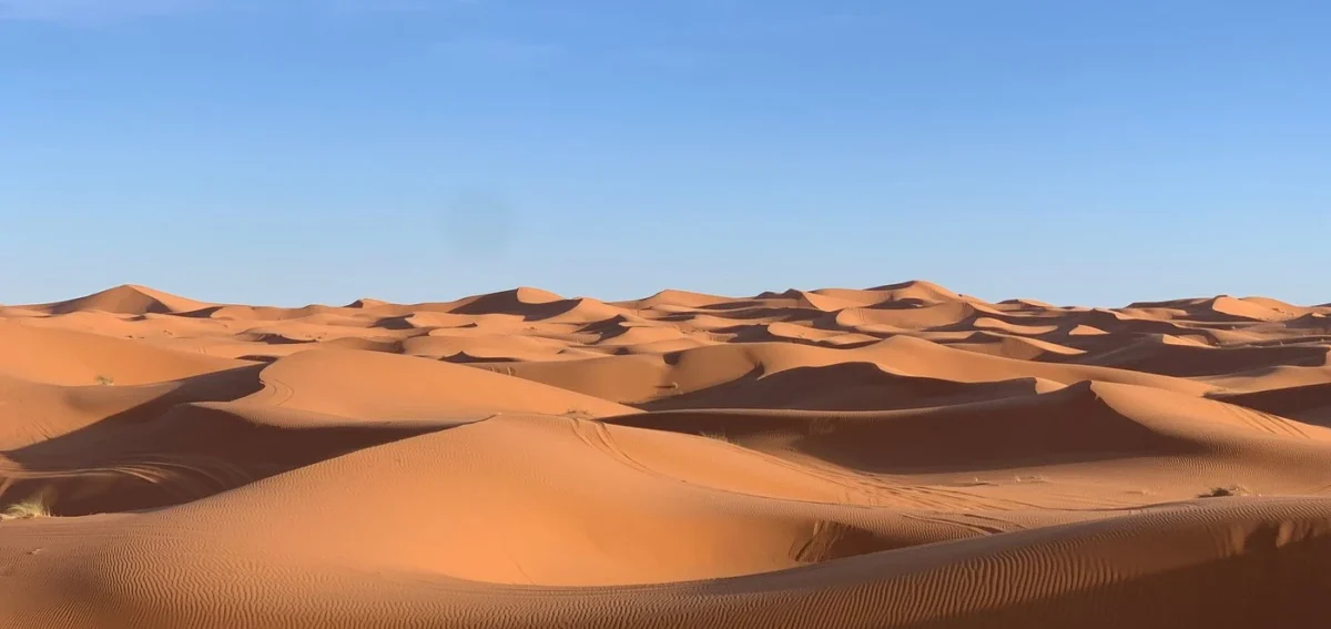 Erg Chebbi dunes in the Merzouga Sahara Desert during a 7 days Morocco tour from Rabat to Marrakech.